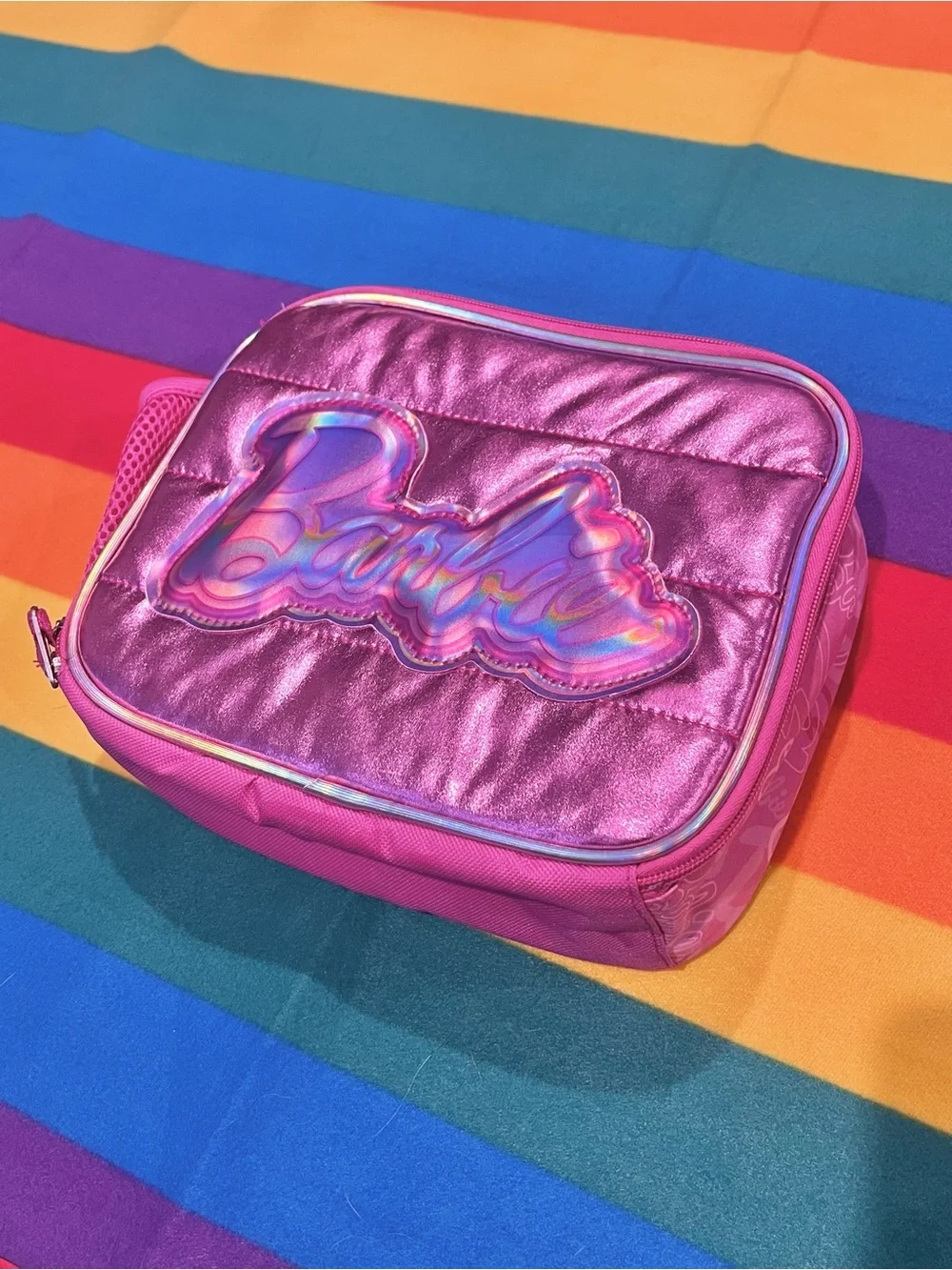 Barbie Pink Holographic Rainbow Logo Insulated Lunch Bag, soft handle name tag